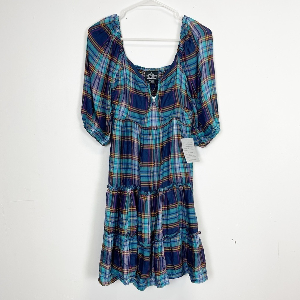 Angie Dress Womens Small Blue Multi Plaid Short Sleeve NWT